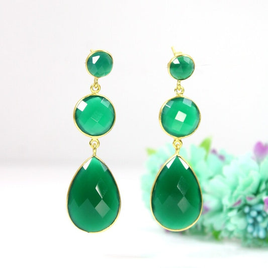 Green Onyx Gemstone Gold Plated Dangle Earrings