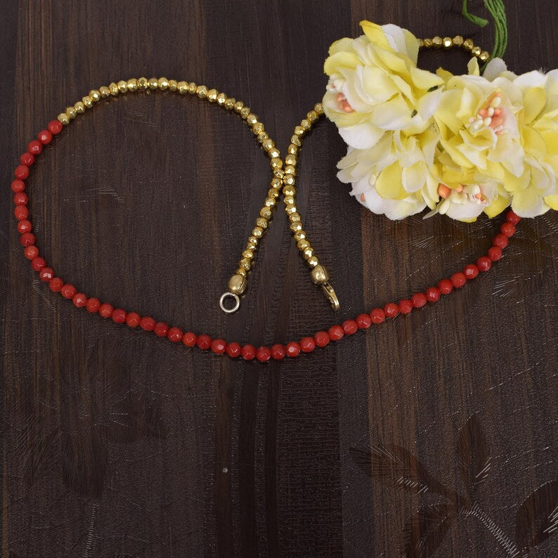 Red Coral And Golden Pyrite Beads Necklace