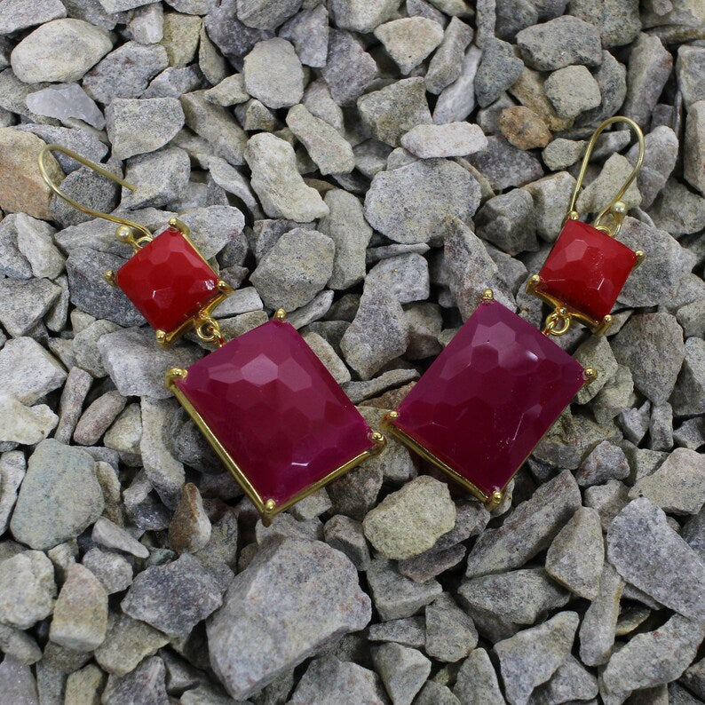 Fuchsia Chalcedony & Red Coral Multi Stone Earrings