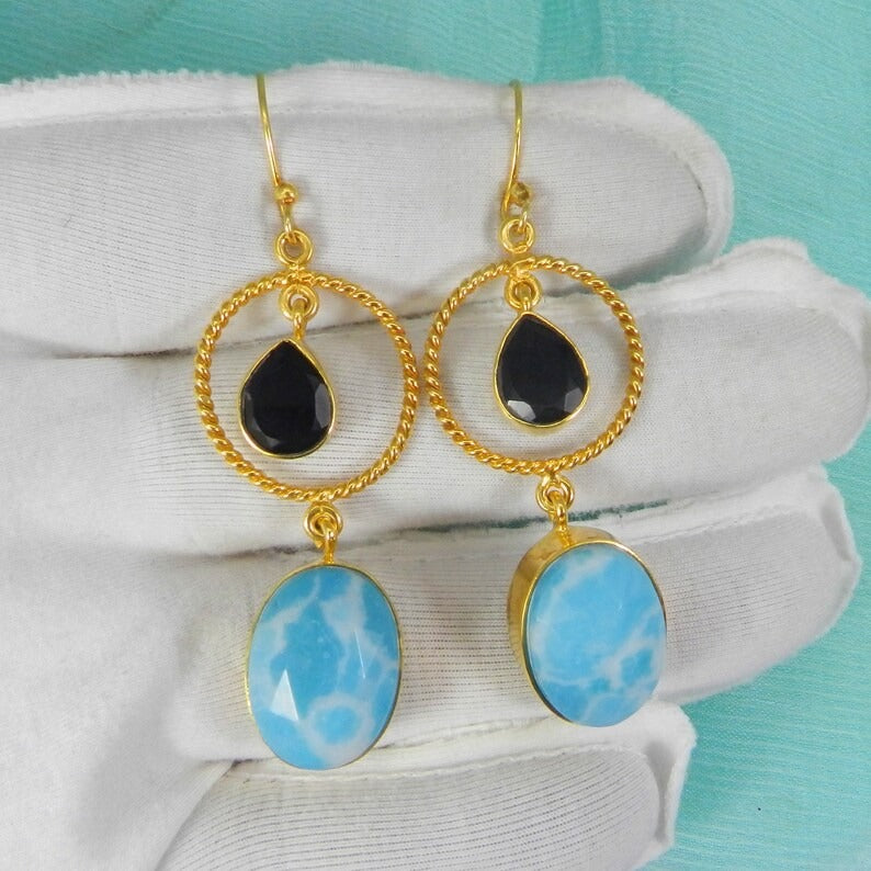 Gold Plated Black Onyx & Larimar Earrings