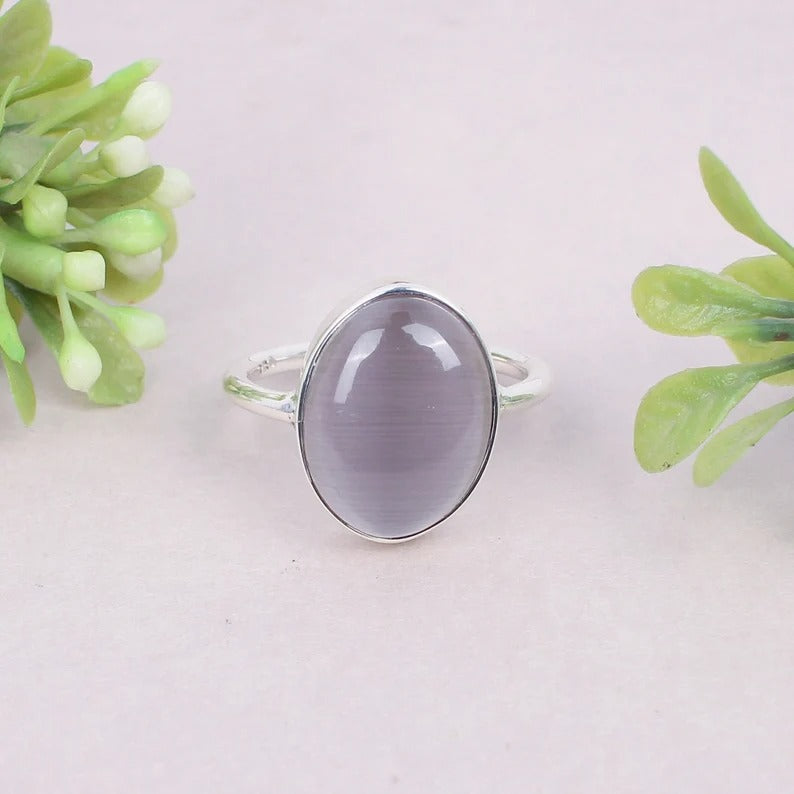 Grey Cats Eye Gemstone 92.5 Sterling Silver Ring