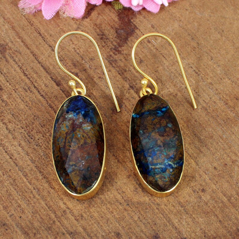 Chrysocolla Brass Gold Pated Earrings