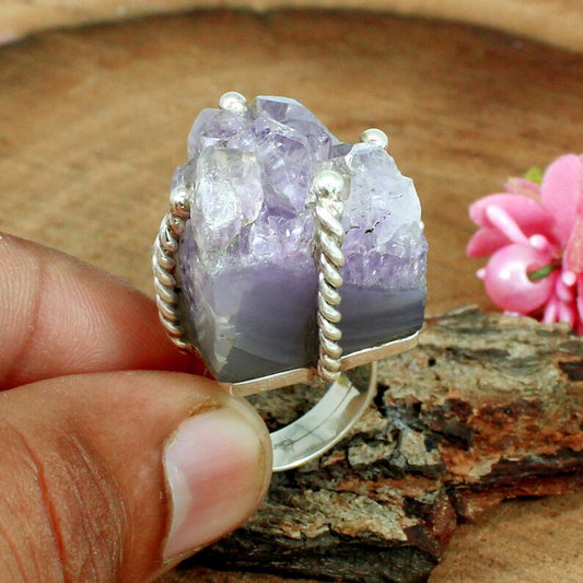 Raw Amethyst Druzy Gemstone Silver Ring