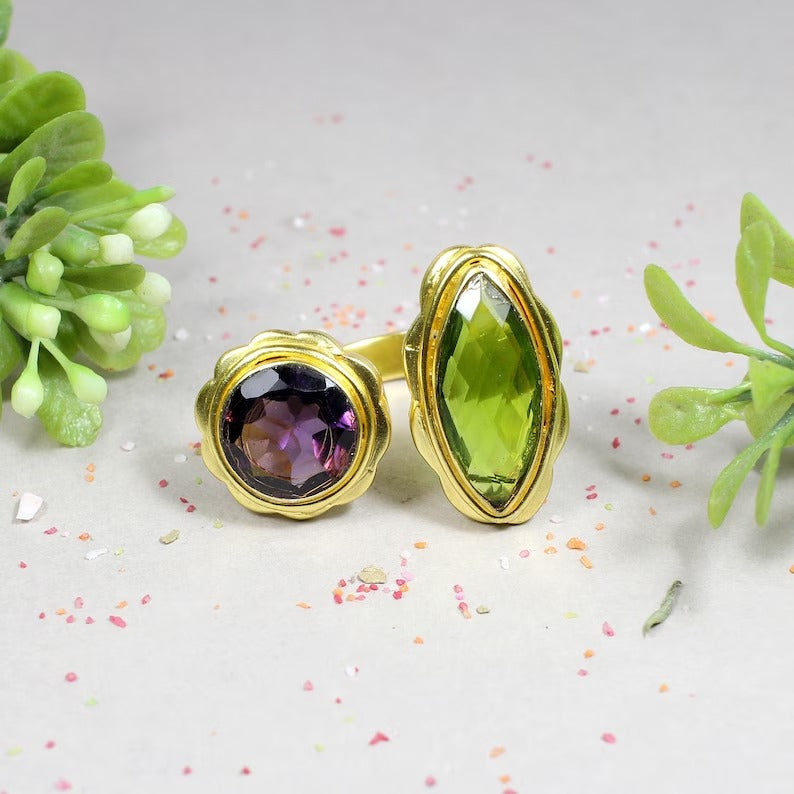 Peridot & Amethyst Gemstone Sterling Silver Ring