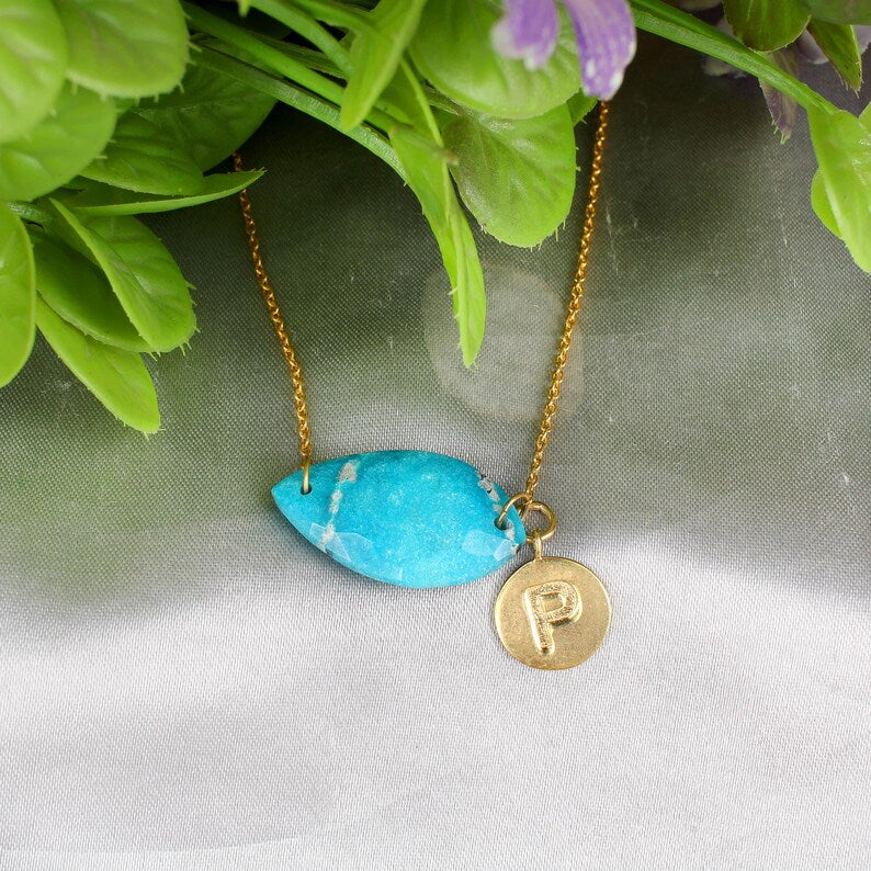 Natural Turquoise Gemstone With Initial Letter Necklace