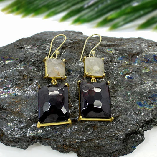 Gold Plated Garnet & Golden Rutile Quartz Earrings