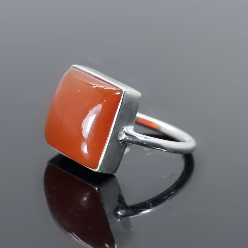 Square Shape Red Onyx Gemstone Silver Ring