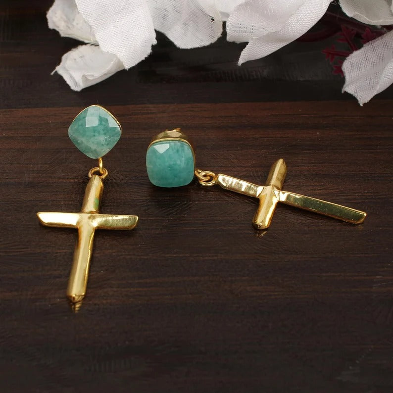 Amazonite Gemstone Gold Plated Earrings