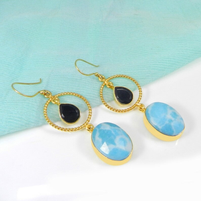 Gold Plated Black Onyx & Larimar Earrings