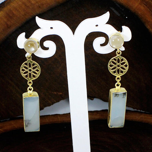 Moss Agate Gold Plated Brass Earrings