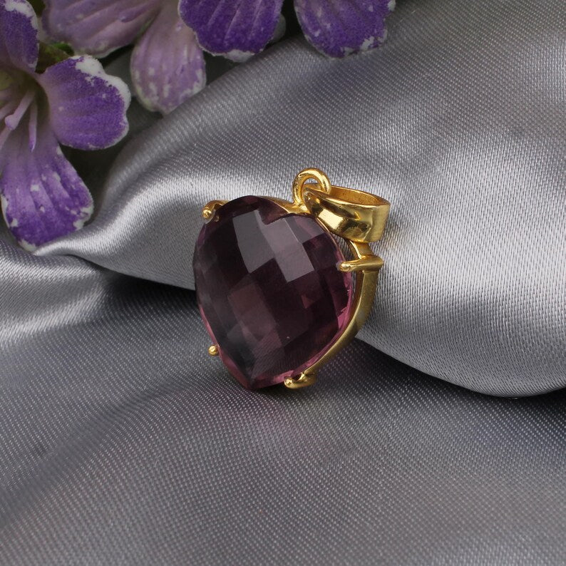 Pink Amethyst Gemstone Brass Pendant