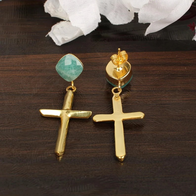 Amazonite Gemstone Gold Plated Earrings