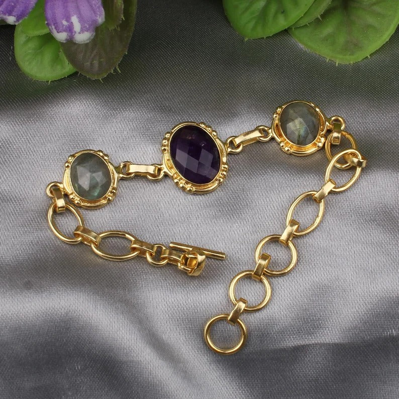 Amethyst & Labradorite Gemstone Gold Plated Brass Bracelet