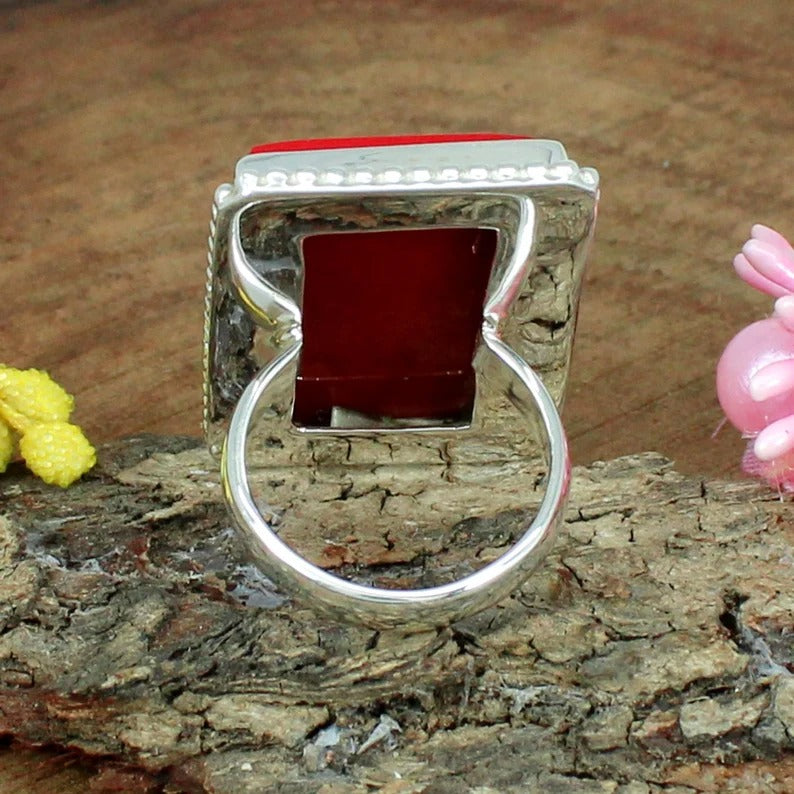 Rectangle Red Coral Bold 925 Sterling Silver Designer Ring