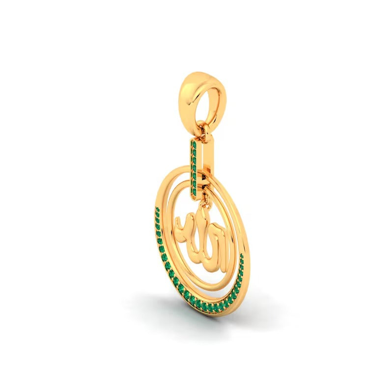 Natural Emerald 14KT Islamic Symbol Solid Gold Necklace