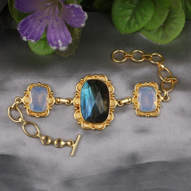 Gold PLated Labradorite & Opalite Gemstone Bracelet