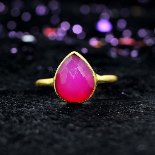 Fuchsia Chalcedony Pear Gemstone Ring