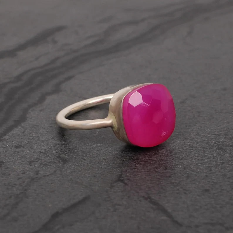 925 Sterling Silver Fuchsia Chalcedony Rose Gold Plated Ring