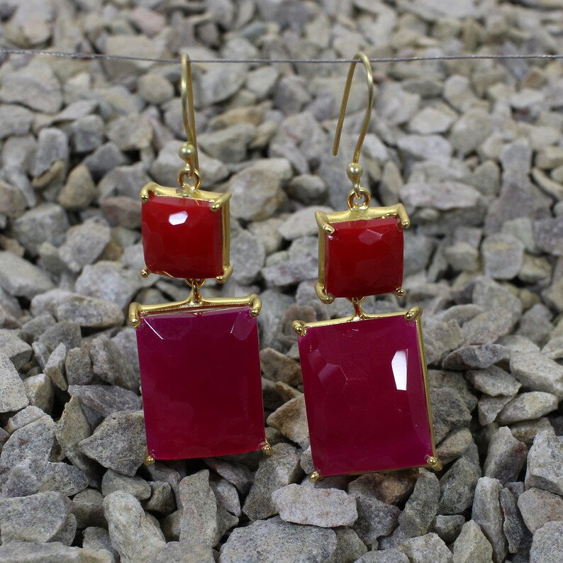 Fuchsia Chalcedony & Red Coral Multi Stone Earrings