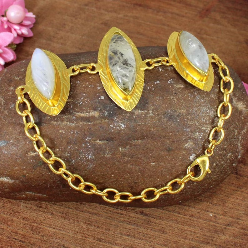 Natural Rainbow Moonstone Gold Plated Brass Bracelet