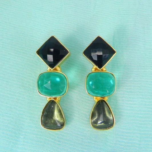 Natural Black Onyx, Hydro Apatite & Crystal Pyrite Gemstone Earrings