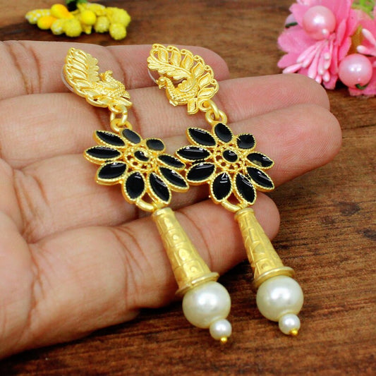 Floral Pearl Brass Gold Plated Earrings