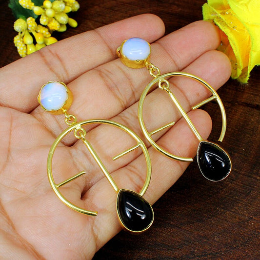 Gold Plated Black Onyx & Opalite Earrings