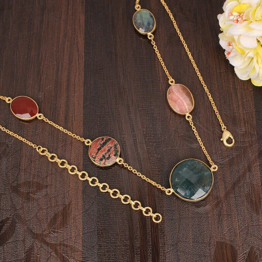 Elegant Moss Agate Multi Stone Gold Plated Necklace