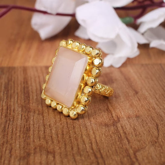 Gold Plated Rose Chalcedony Brass Gemstone Ring