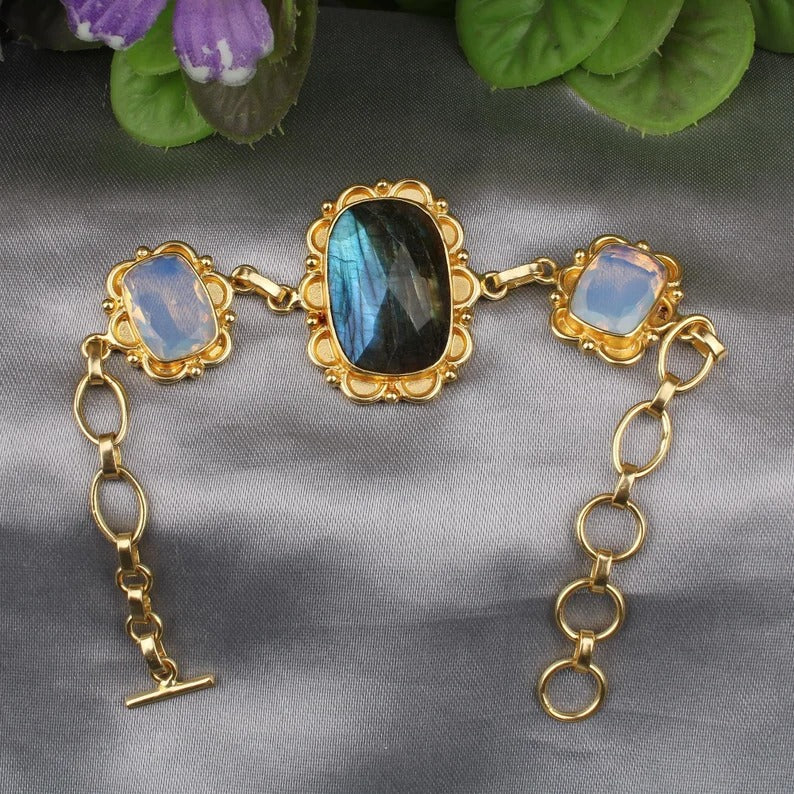 Gold PLated Labradorite & Opalite Gemstone Bracelet