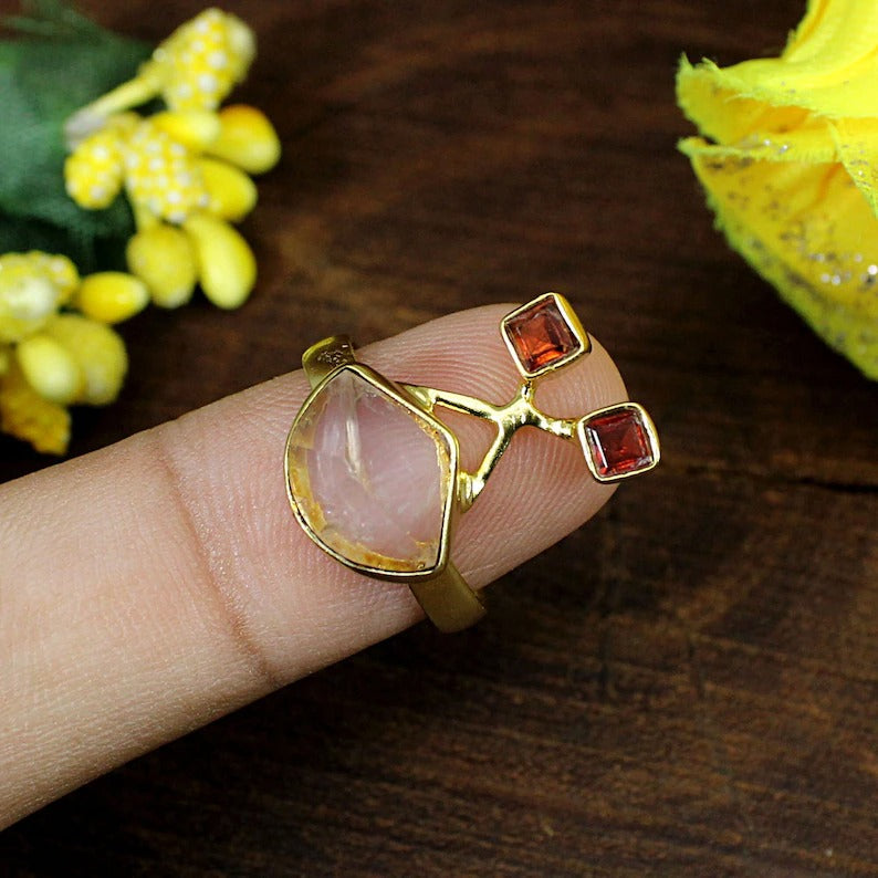 Rose Quartz & Garnet Gemstone Gold Plated Brass Ring