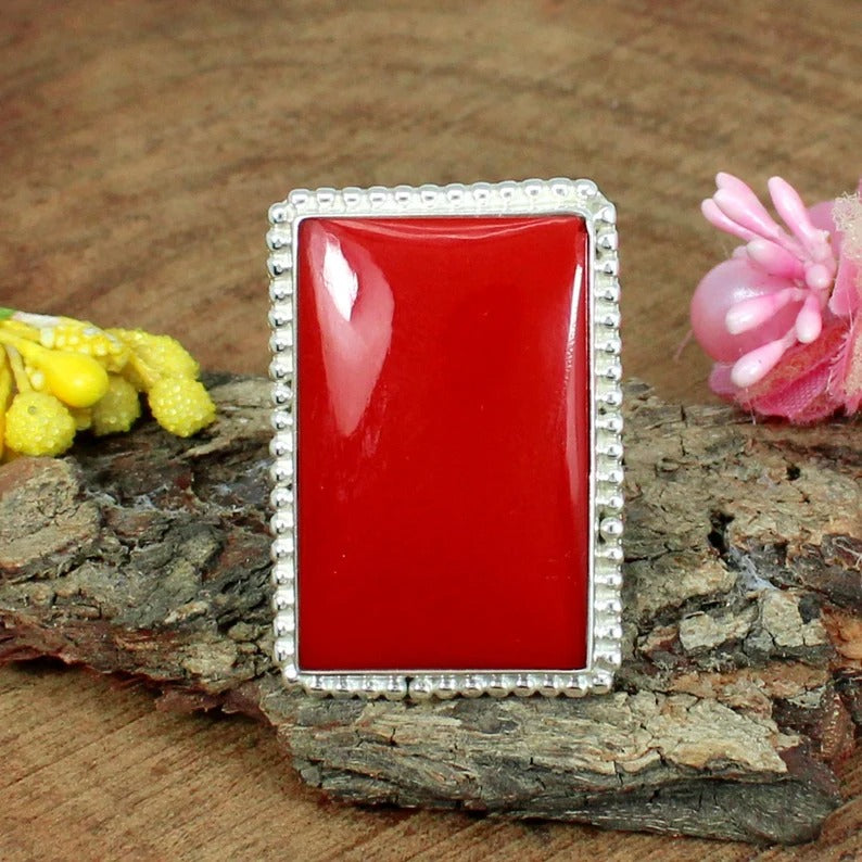 Rectangle Red Coral Bold 925 Sterling Silver Designer Ring