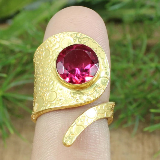 Pink Tourmaline Gemstone Gold Plated Textured Ring