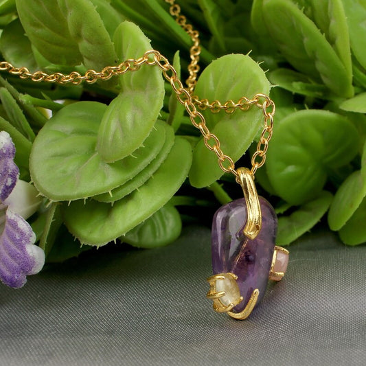 Natural Amethyst & Peach Moonstone Gold Plated Necklace