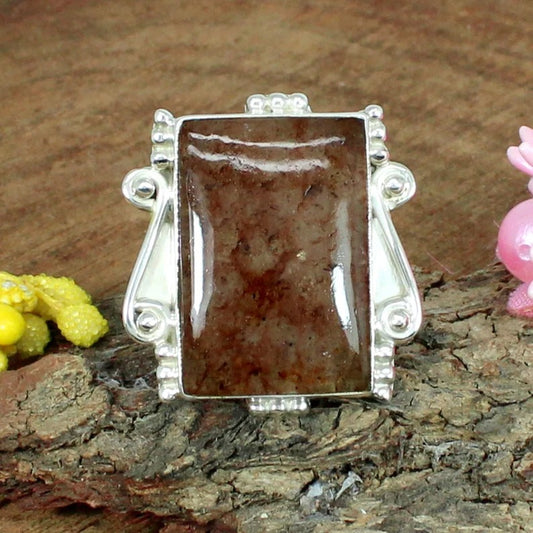 Rectangle Natural Strawberry Quartz Gemstone Sterling Silver Ring