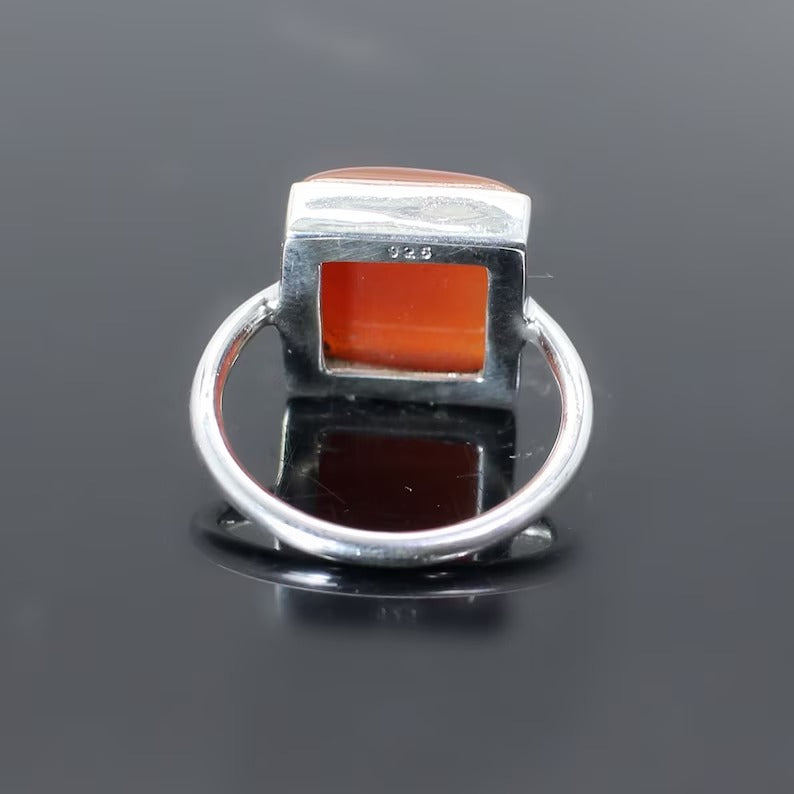 Square Shape Red Onyx Gemstone Silver Ring