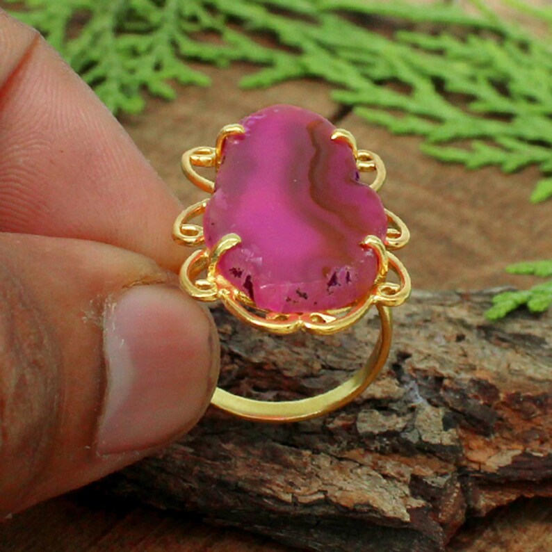 Natural Pink Slice Agate Gemstone Sterling Silver Ring