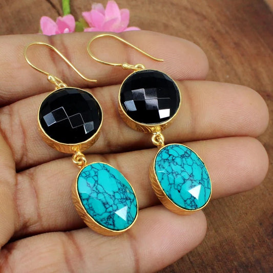 Natural Black Onyx & Turquoise Earrings