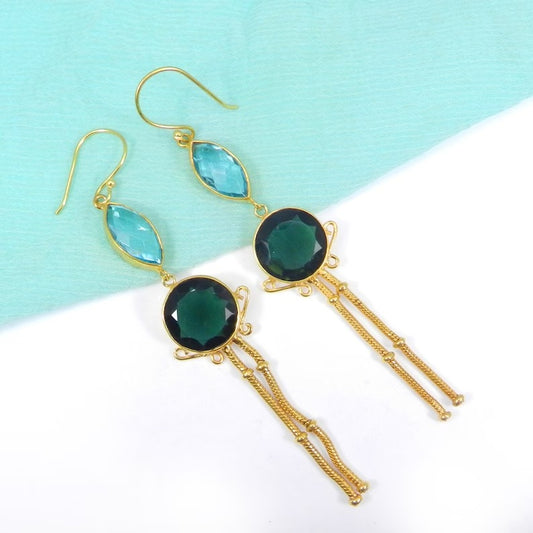 Blue Topaz & Green Tourmaline Brass Gold Plated Earrings