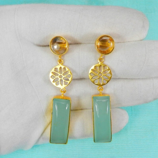 Aqua Chalcedony Gold Plated Designer Brass Earrings