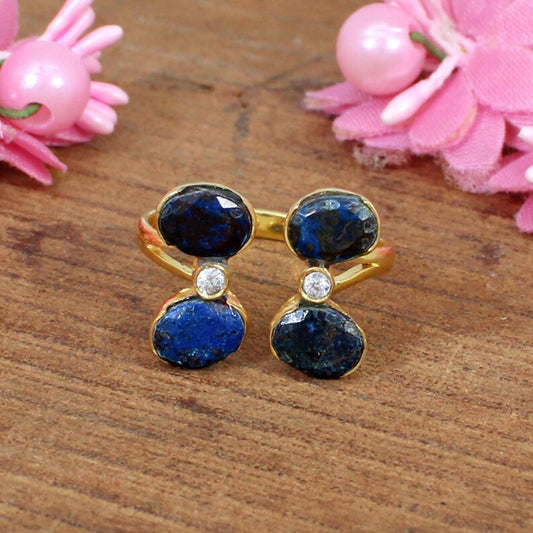 Chrysocolla & Cz Brass Gold Plated Ring