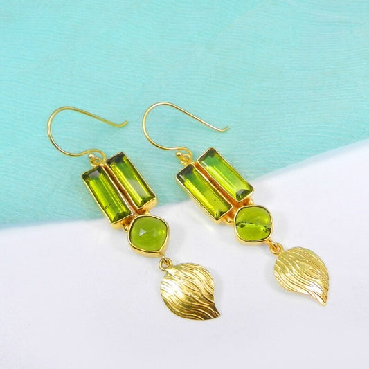 Peridot Gemstone Handcrafted Brass Earrings