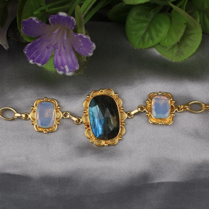 Gold PLated Labradorite & Opalite Gemstone Bracelet