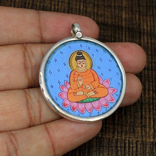 925 Sterling Silver Lord Buddha Painting-Glass Frame Pendant