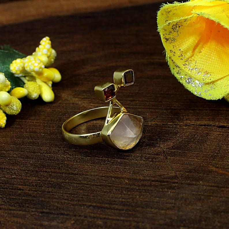 Rose Quartz & Garnet Gemstone Gold Plated Brass Ring