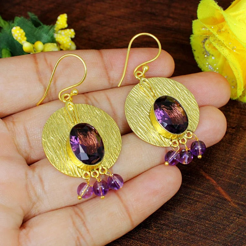 Amethyst Gemstone Gold PLated Gemstone Brass Earrings