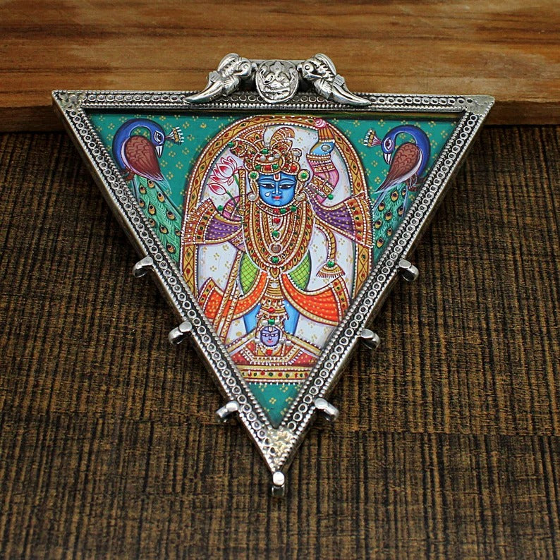 925 Sterling Silver Hindu God Painting Triangle Pendant