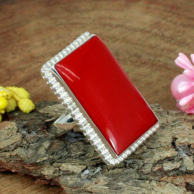 Rectangle Red Coral Bold 925 Sterling Silver Designer Ring