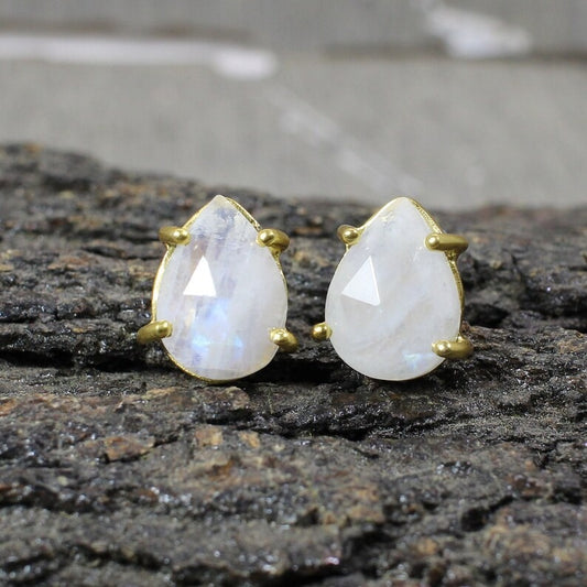 Rainbow Moonstone Gold Plated Brass Studs