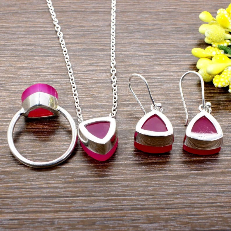 92.5 Sterling Silver Trillion Fuchsia Chalcedony Gemstone Jewelry Set